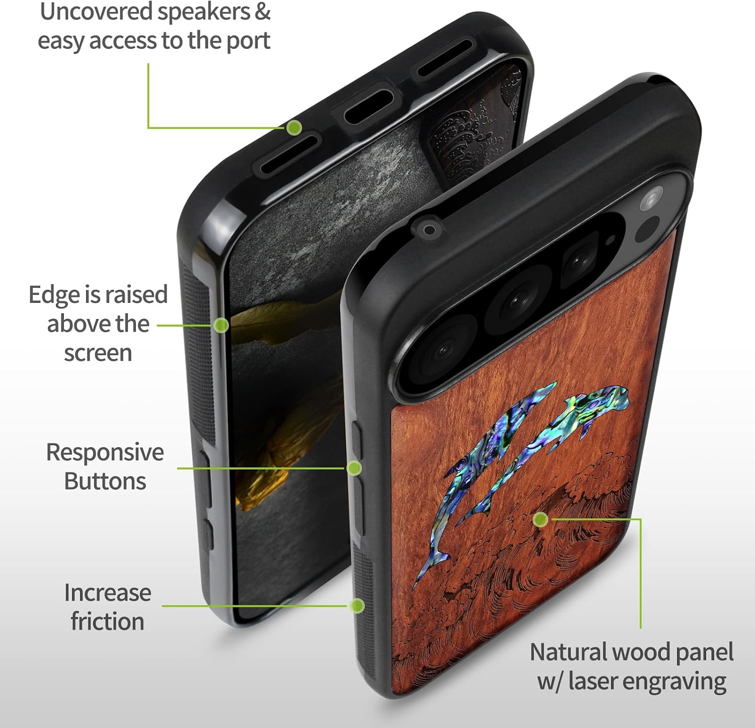 Carveit Magnetic Wooden Case for Google Pixel 10 Pro XL Case, Wood Artisan Engraved & Handmade Shell Inlaid, Compatible with MagSafe Wireless Chargers, Dolphins in The Waves - Rosy