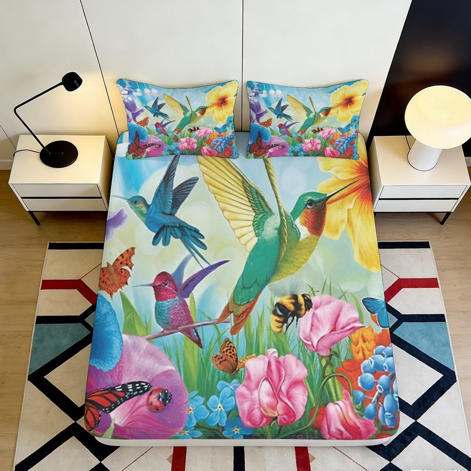 3D Printed Hummingbird Floral Fitted Sheet Microfiber Soft Mattress Cover Anti-Slip Washable Cover for Bedroom Guest Room Decor 140x200x25cm