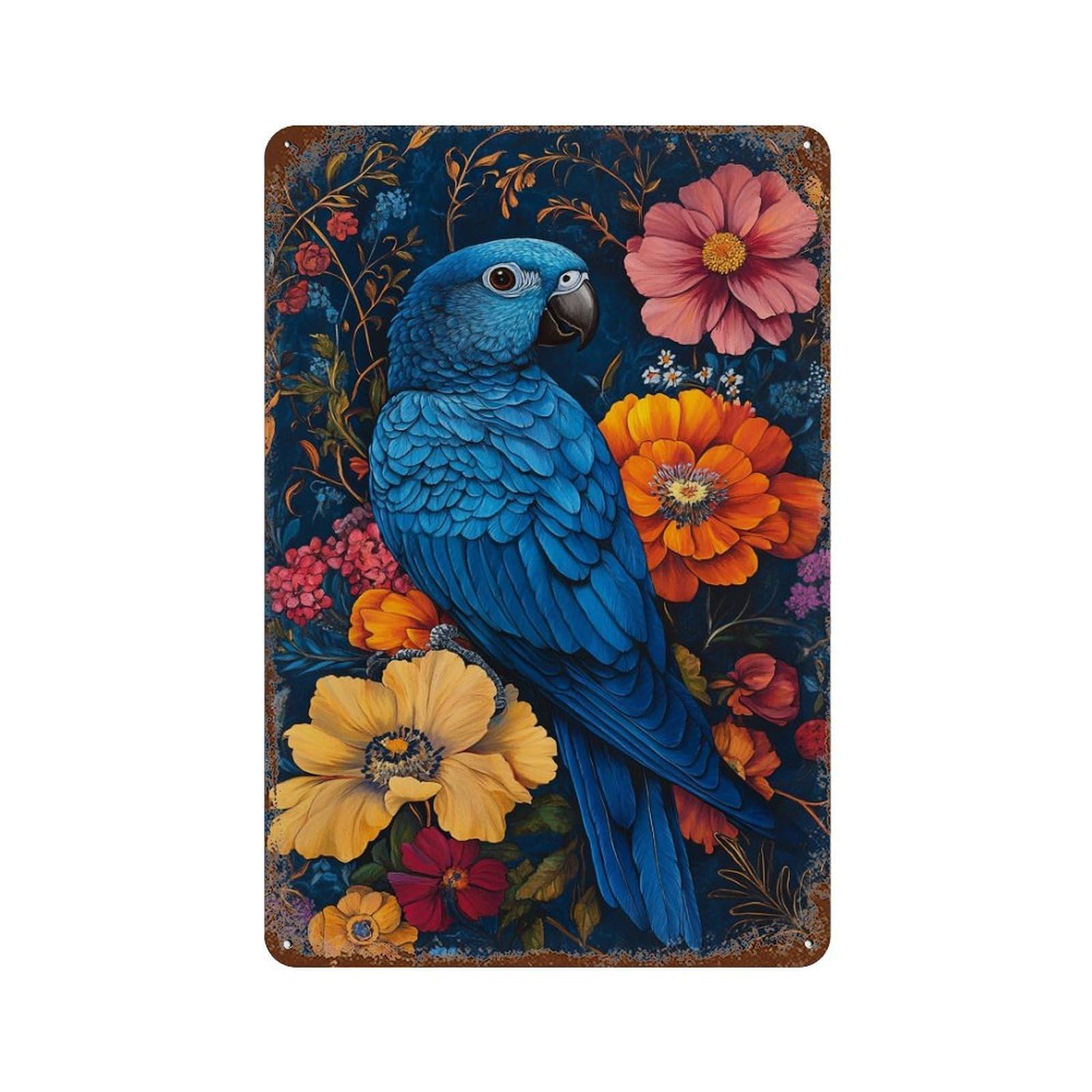 Blue Parrot with Flowers Rusty Metal Tin Sign 11.8"x7.9", Ideal for Patio, Garden Room And Bar Decor