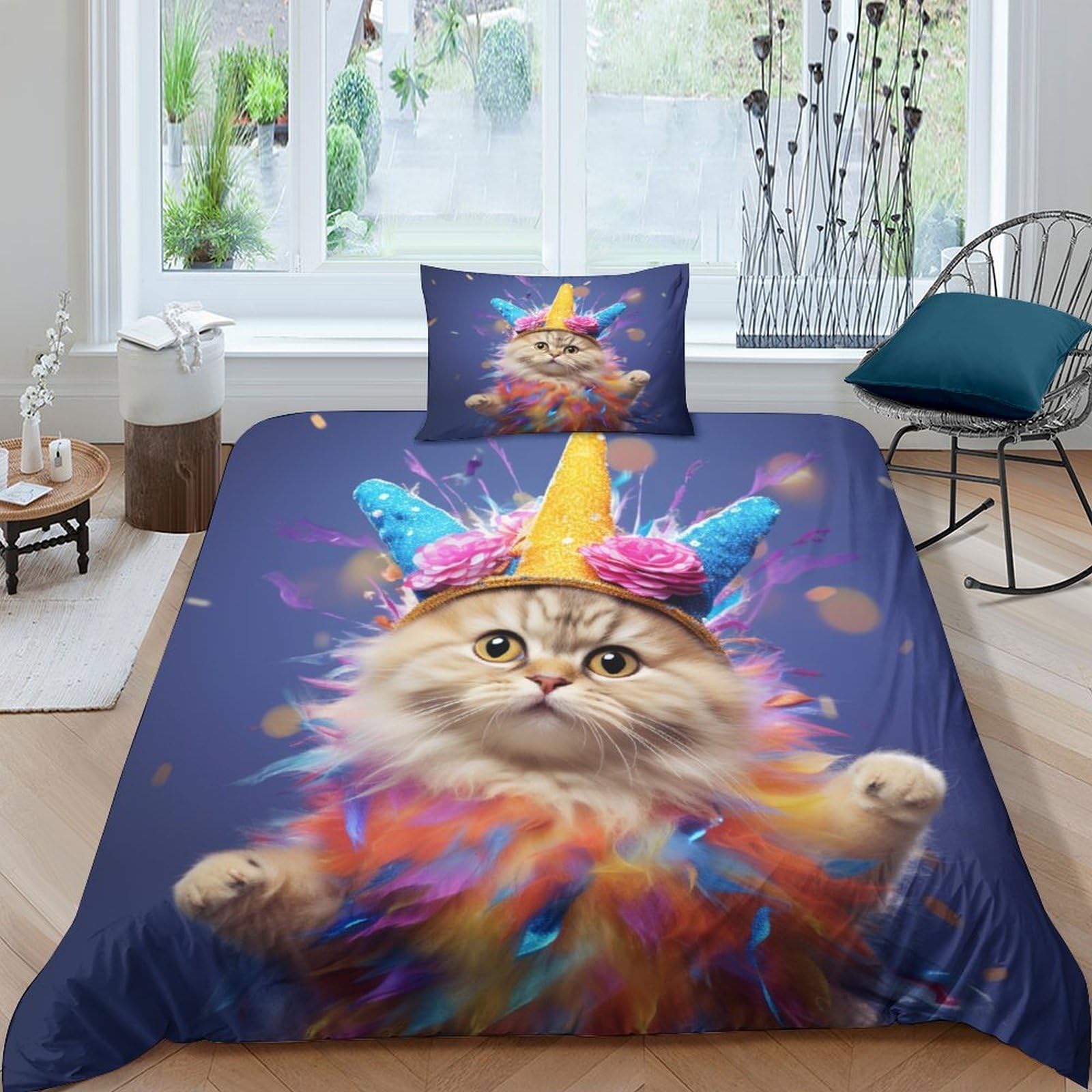 Housse de couette chat 3D parure de lit 3 pièces en microfibre 135x200cm pour lit simple avec taies