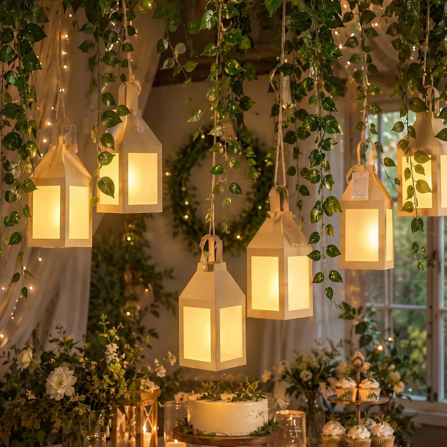 Yinder 24 Pcs Enchanted Forest Theme Decoration Set 82.68 ft Artificial Begonia Leaf Vine Paper Candle Lanterns Decor with LED String Lights for Bedroom Aesthetic Jungle Fairy Wonderland Party Favor