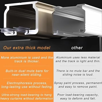 Extra Thick Curtain Track System Silent Aluminum Alloy Sliding Tracks Curtain Gliders, Curtain Tracks, Ceiling Or Wall Mount for Windows, Room Divider Curtains, Mute Slide(Black,200cm(6.6ft))