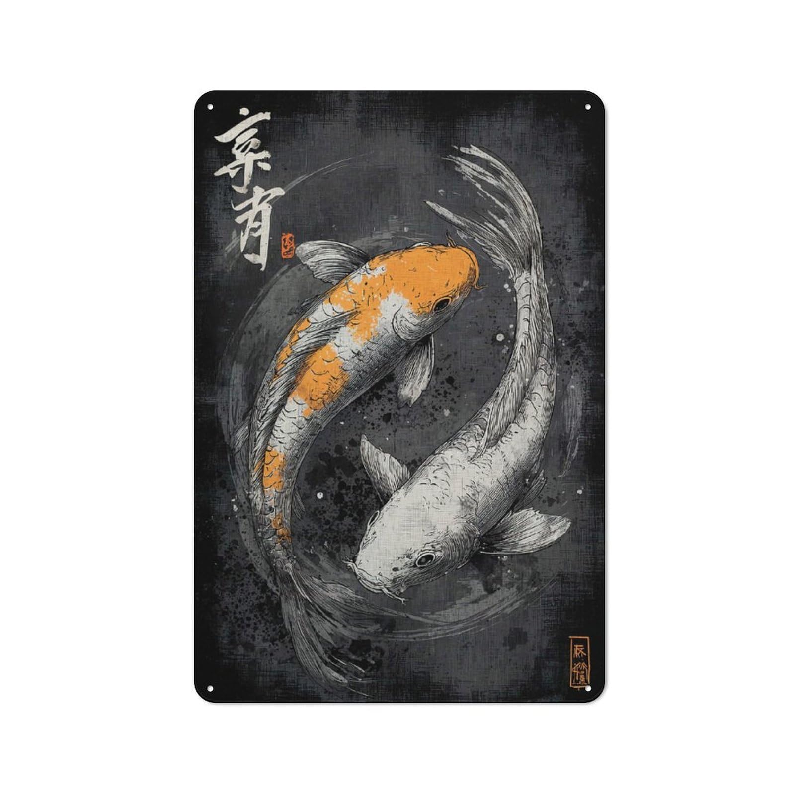 Junmoney Style-12 Classic Koi Fish Yin Yang Illustration Metal Wall Sign 30X20cm, Pub Wall Decor For Diner, Restaurant, Shed Or Kitchen