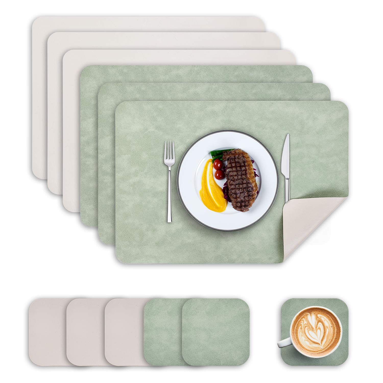 Placemats and Coasters Set of 6, PU Leather Heat-Resistant Table Mats Dual-Sided Waterproof Washable Non-Slip Place Mats for Kitchen Table (Green Ivory-White)