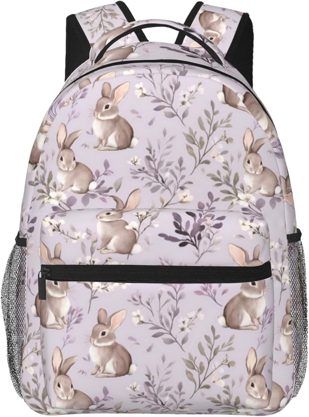 Cute Bunny Backpack, Purple Floral Design Polyester Backpacks with Straps, 11.4inx5.9inx15.7in, Multi-Pocket Storage Bookbag, Ideal For School Work Travel Hiking Camping, Girls Women Gifts