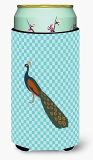 Caroline's Treasures BB8099TBC Indian Peacock Peafowl Blue Check Tall Boy Hugger Can Cooler Sleeve Hugger Machine Washable Drink Sleeve Hugger Collapsible Insulator Beverage Insulated Holder