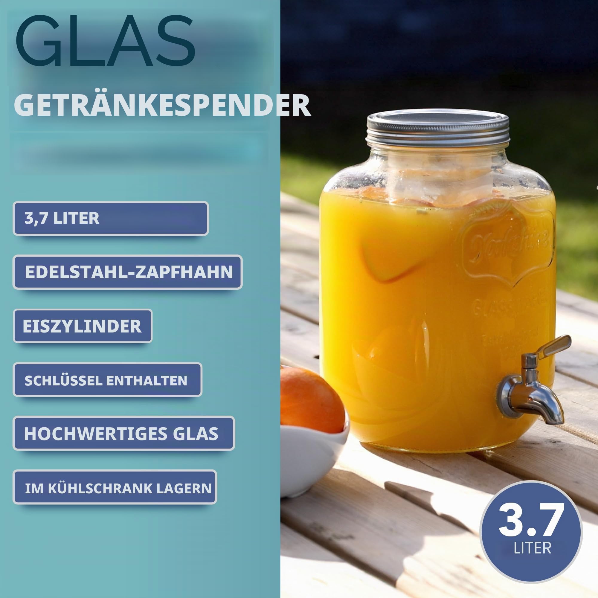 HEFTMAN Getränkespender aus Glas mit Zapfhahn – 3,7 Liter Mason Jar Getränkespender mit auslaufsicherem Edelstahlhahn & Eiszylinder Kühlschrank Wasserspender, Punsch, Cocktails, leerer Getränkespender