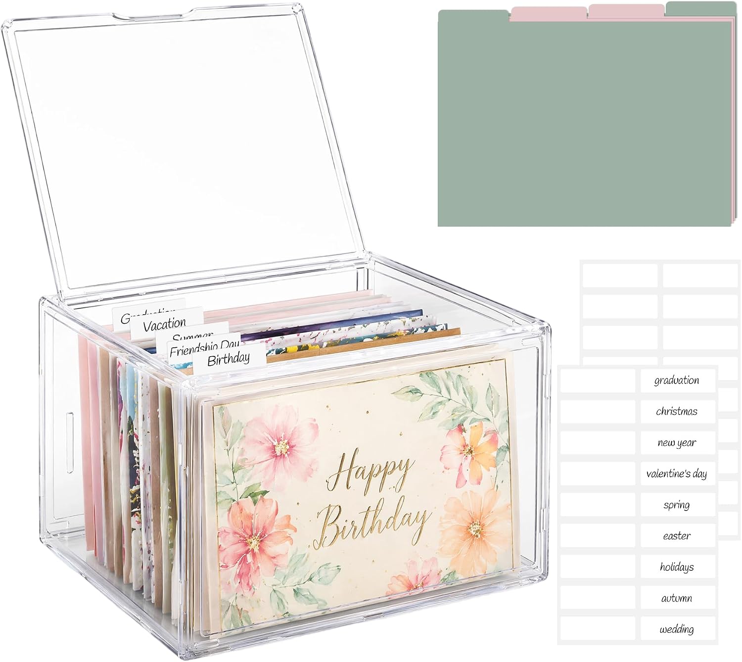 Acrylic Greeting Card Organizer Box with 20 Adjustable Dividers and 36 Labels, Clear Greeting Card Storage Box for Birthday Holiday Cards Photos Crafts Envelopes (1 Box)
