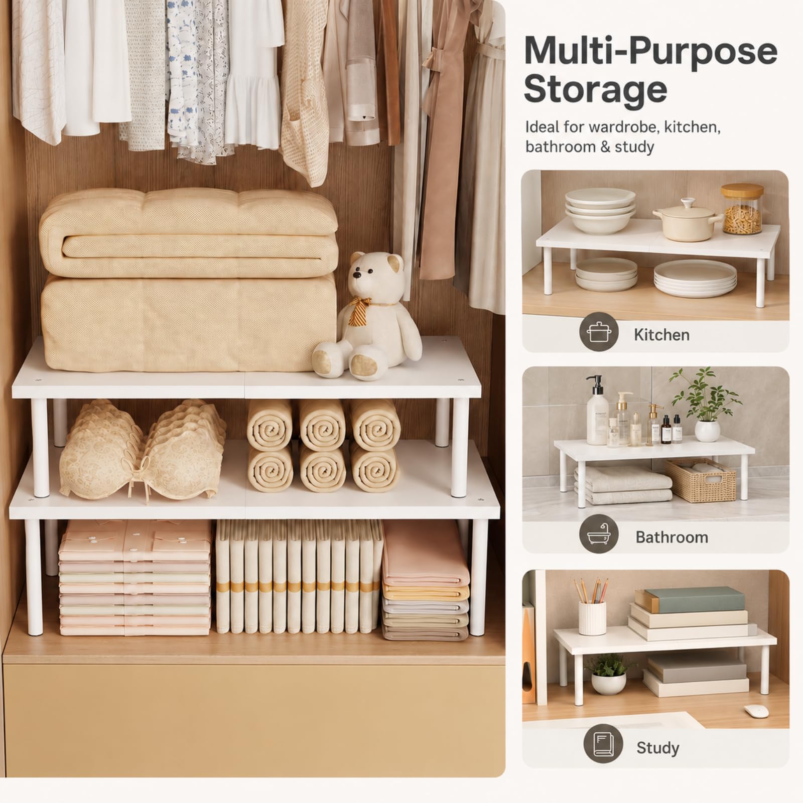 Organisateur Armoire Vetement Empilable, Organisateur Dressing en Métal, Longueur 50-85cm pour Chambre Cuisine Salle de Bain