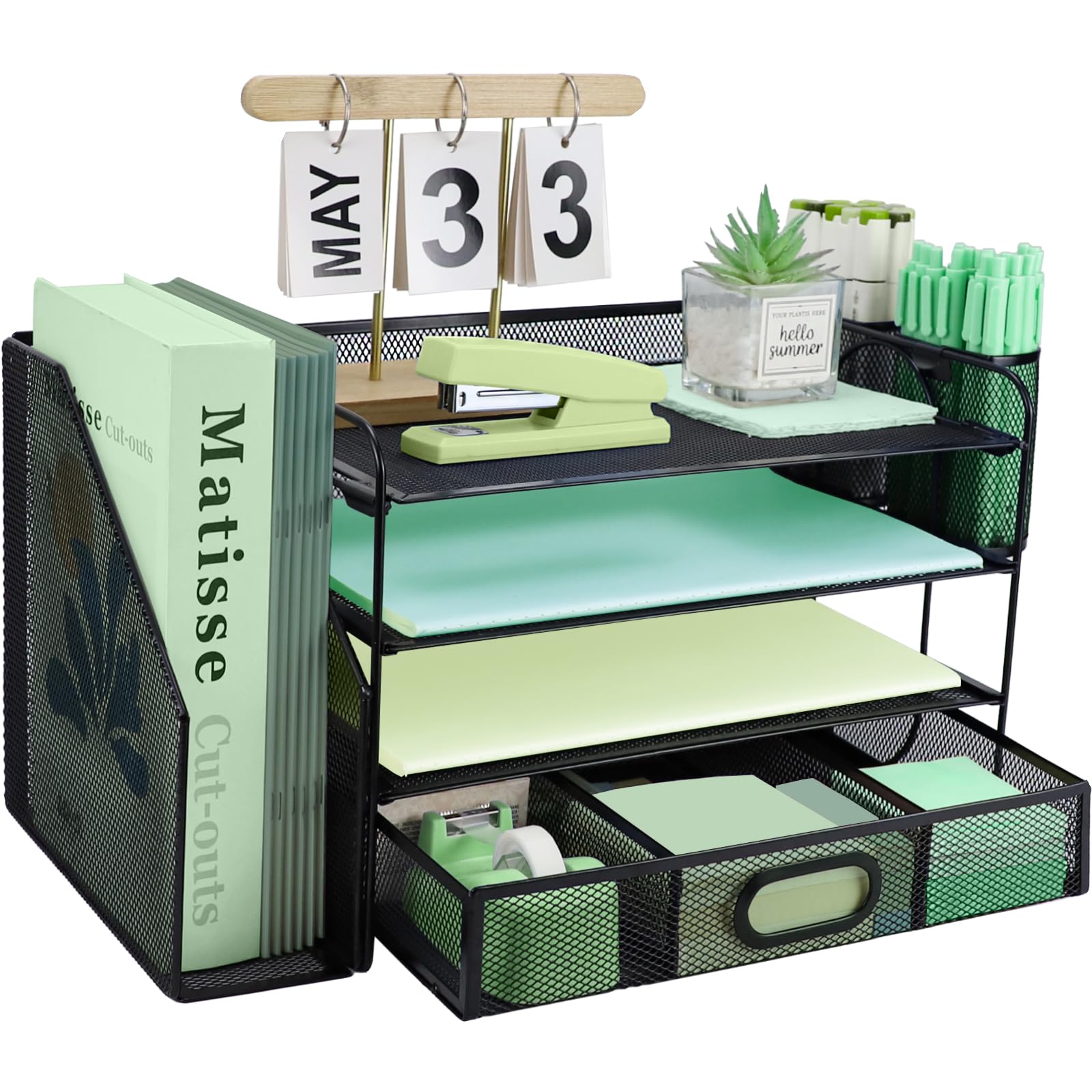3 Tier Desk File Organiser with Extra Vertical File Sorter, Paper Letter Tray with Top Stationery Drawer Holder, A4 Paper Desktop Filing Trays, Magazine Document Holder for Home Office, Black