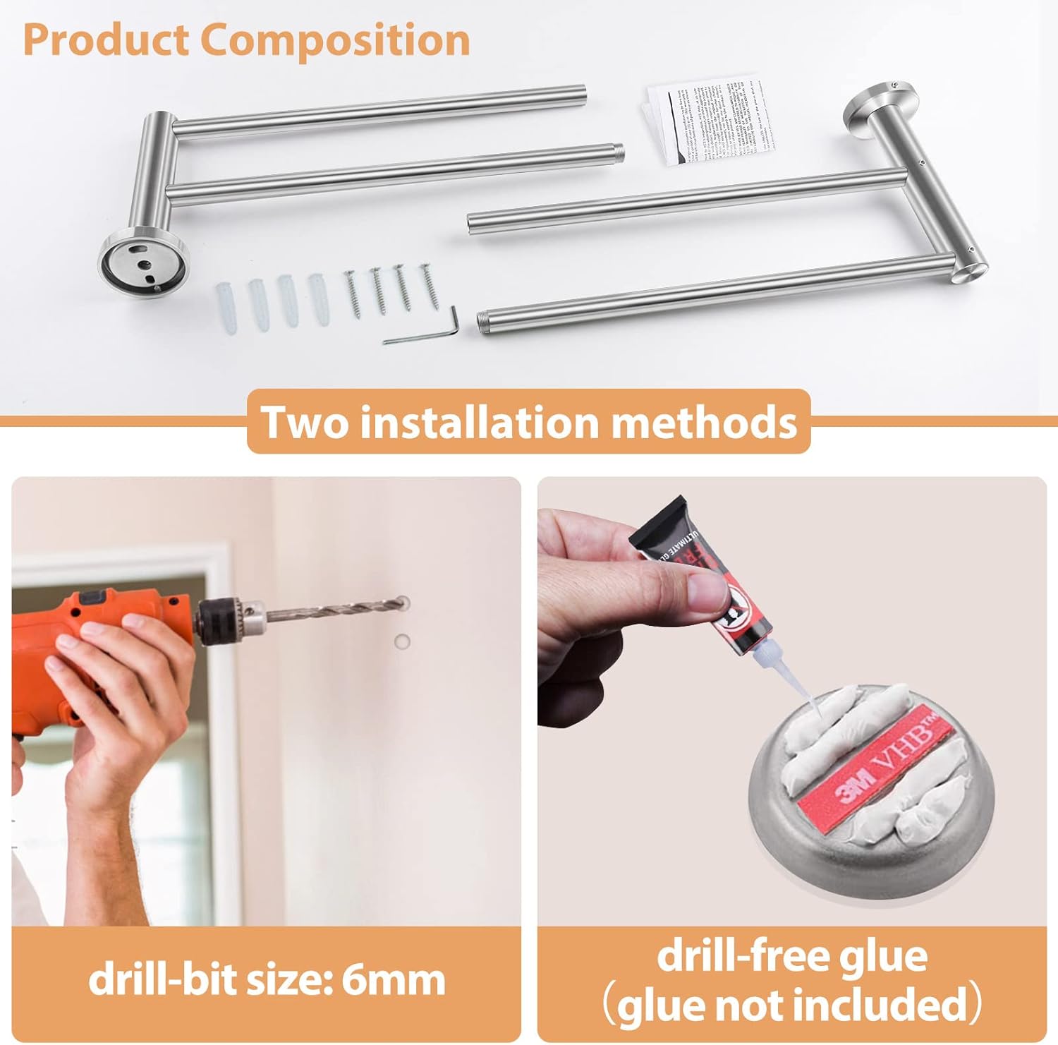 TONIAL Double Towel Bar Rack 25 Inch (2.1 Feet) - Upgraded SUS304 Stainless Steel Bath Towel Rack Holder for Bathroom Wall Mounted, Classic Brushed Finish (Total Length 26.4 Inch) : Tools & Home Improvement