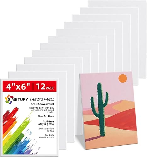 Simetufy Paquete de 12 Tableros de Lienzo Pequeños para Pintura de 4 x 6 pulgadas - Paneles de Mini Lienzo de 100% Algodón sin Ácidos Imprimados con