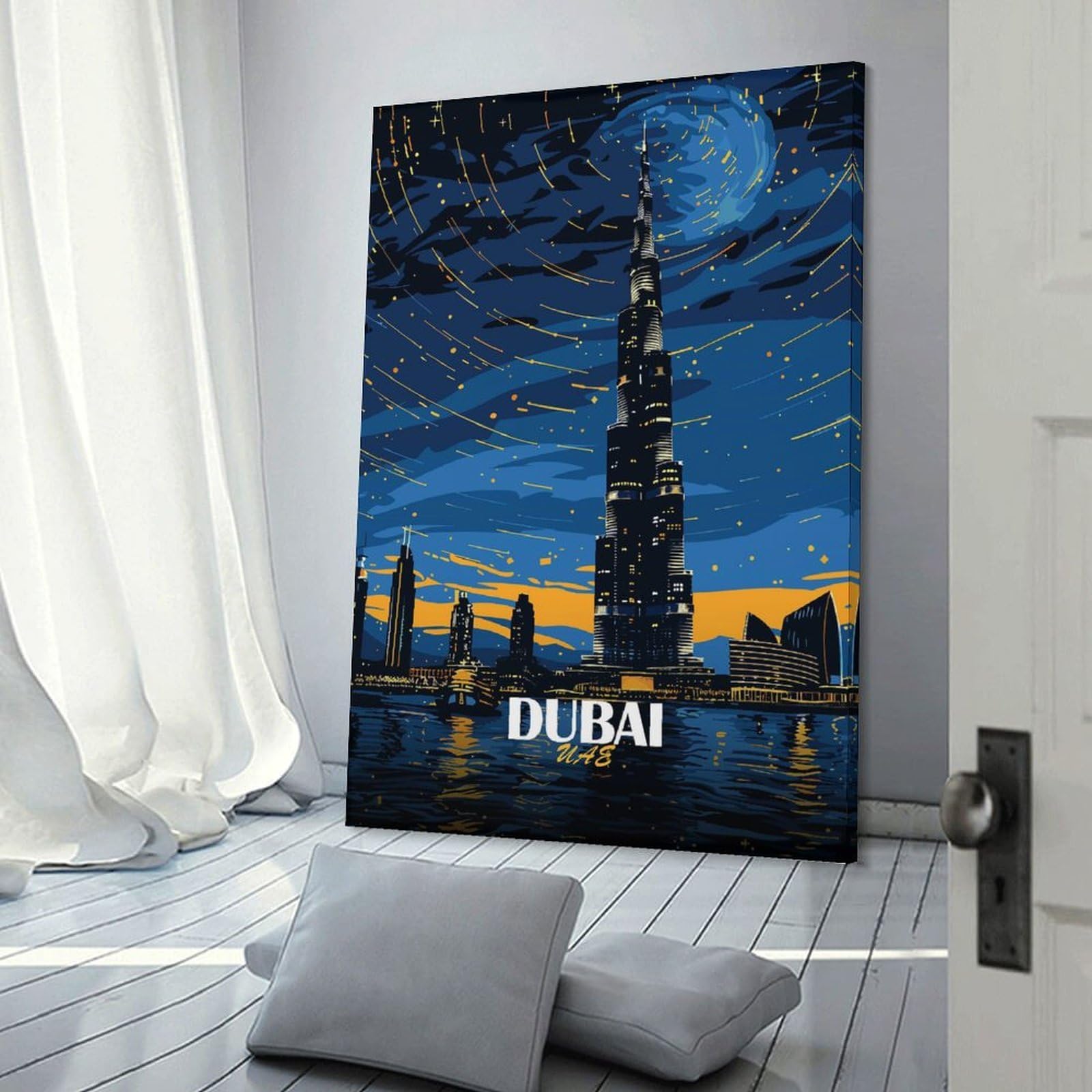 Junmoney Dubai Skyline at Night Art Hanging Wall Art 12x18inch(30x45cm), for Bedroom Walls, Guest Spaces Or Lounges, An Easy Wall Refresh for Bedrooms