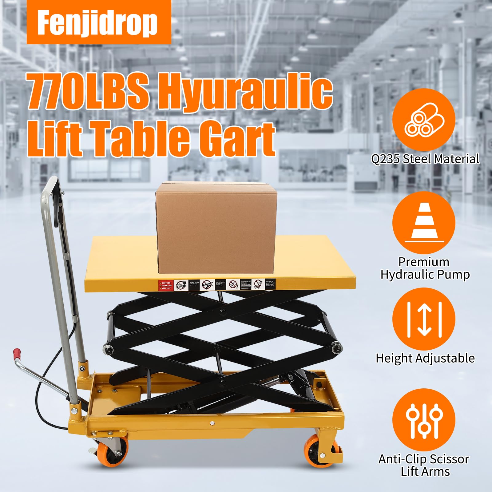 Fenjidrop Hydraulic Lift Table, 770lbs Capacity, Double Scissor Lift Table Cart with 4 Wheels, Elevating Hydraulic Cart for Material Handling and Transportation