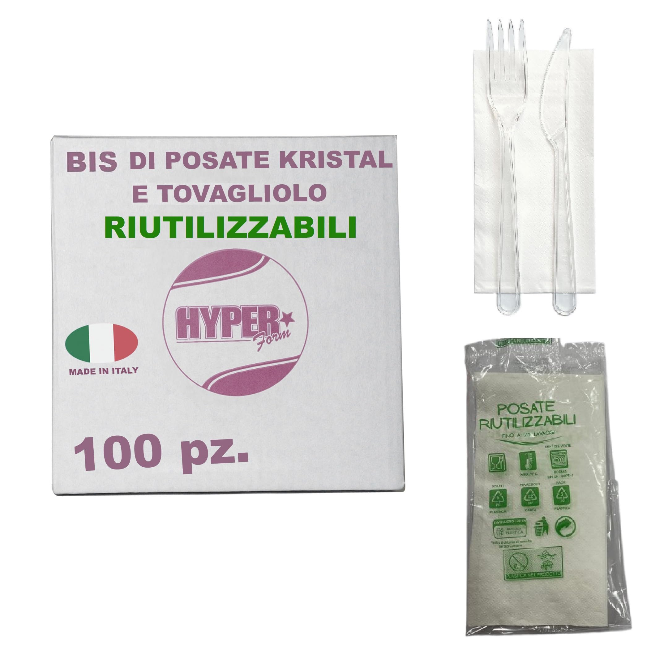 HYPER form Set Posate Riutilizzabili, Forchetta e Coltello Trasparenti con Tovagliolo, Lavabili fino a 125 Cicli, Made in Italy (100)