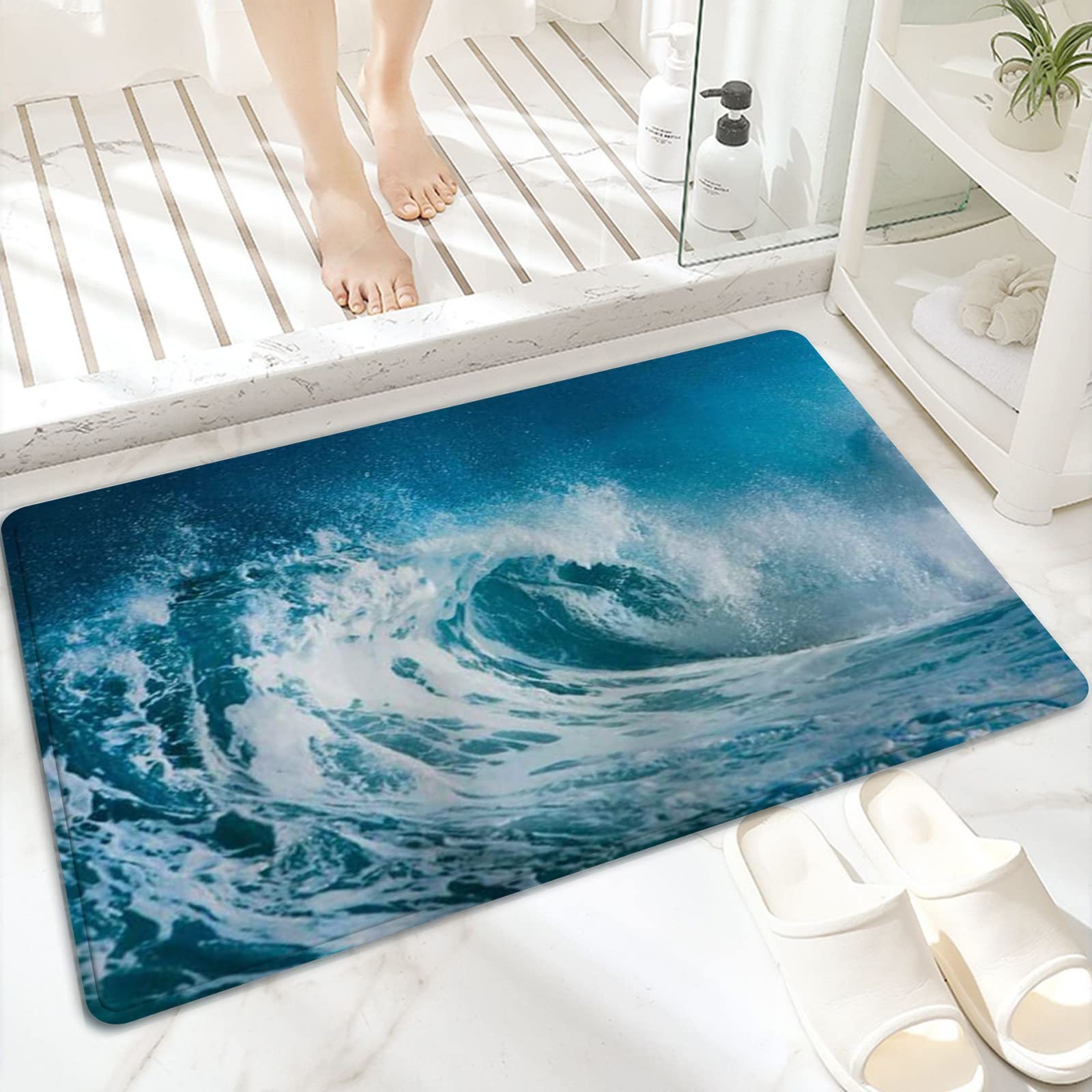 A.Monamour Tappetino per Il Bagno Antiscivolo Assorbente Morbido Oceano Blu Mare Grandi Onde Spiaggia Mare Natura Paesaggio Tropicale Lavabile Tappeto Tappetini Doccia Cucina Zerbino 40x60cm