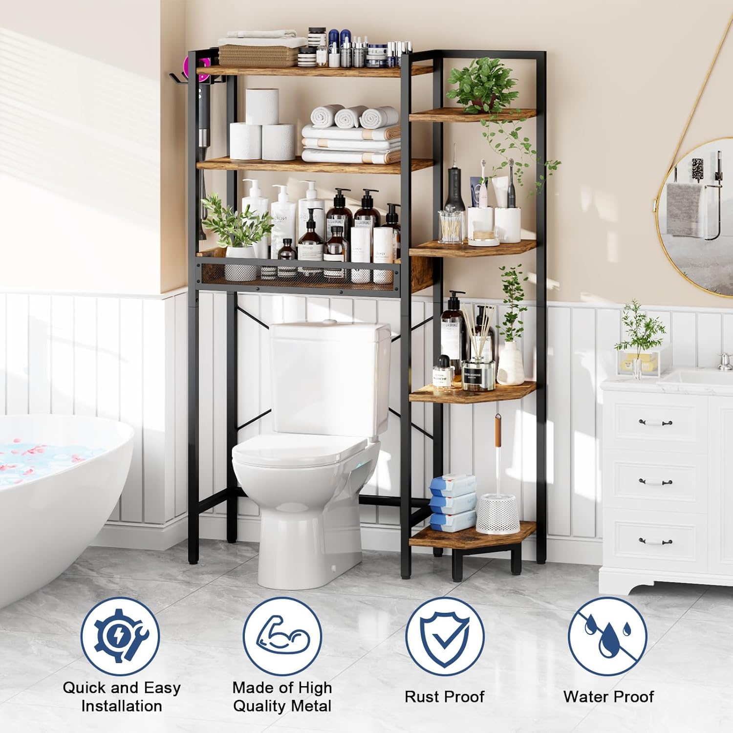 K1 Heavy Duty 7-Tier Over The Toilet Storage（With Basket and Paper Hook）Freestanding Above Toilet Shelf with Adjustable Feet，Space Saver Bathroom Shelves 9.3"D x 33.5"W x 63.8"H，Rustic Brown