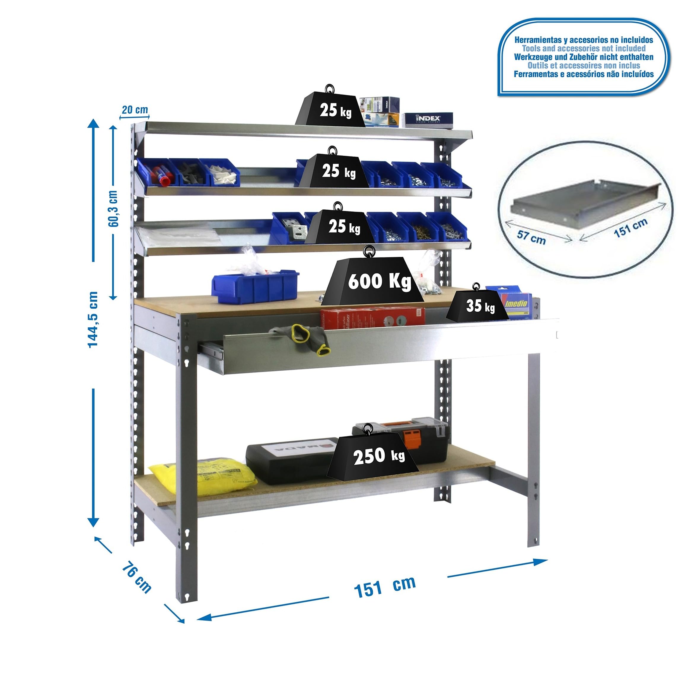 Simon Rack Banco de Trabajo con 3 repisas y cajón 1510x760 mm - BT1 | Capacidad Carga 600 kg, Pintura anticorrosión, Gris , Montaje sistema clic