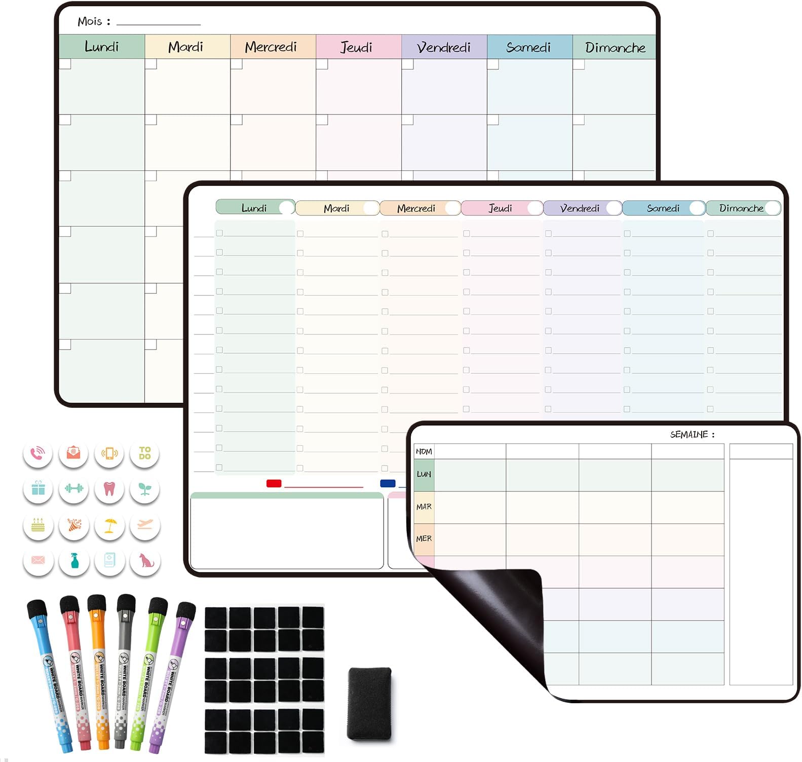 Planning Semainier Magnétique POPRUN - 3 Tableaux Effaçables Pour Frigo - Organisation Famille, Menus, Tâches