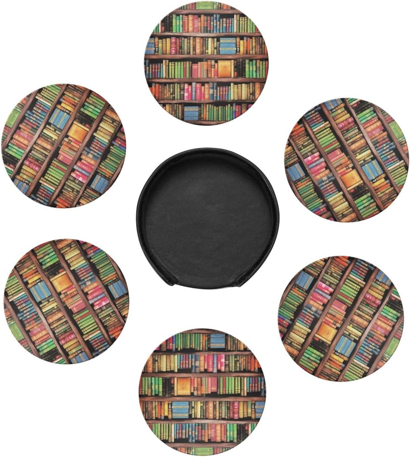 6 Pack Colorful Books Leather Coaster with Holder- Funny Cute Coasters Waterproof Non-Slip for Drinks Wooden Table Kitchen Dining Coffee Bar Decor, Round - Image 3