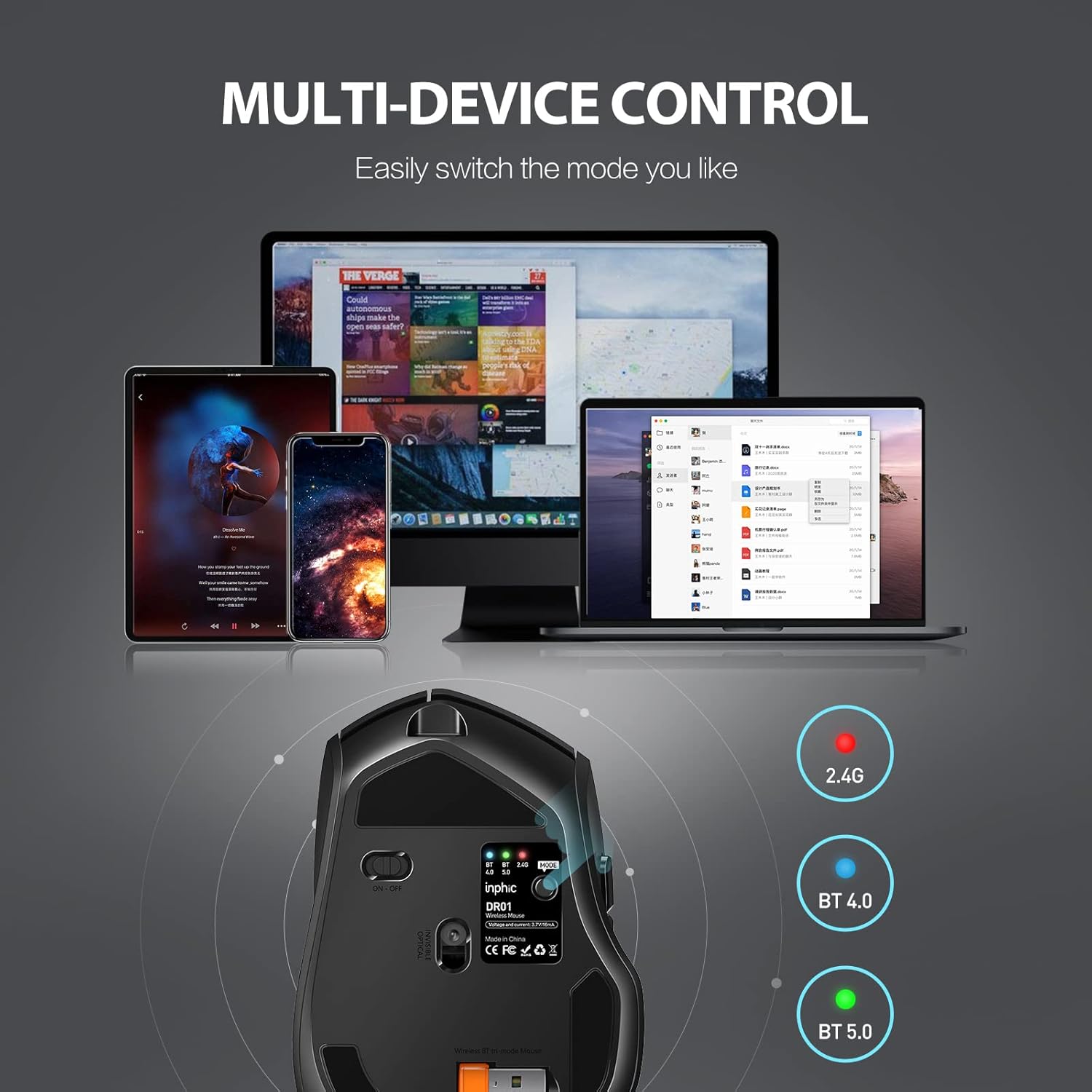 INPHIC DR01 mouse connecting to multiple devices: laptop, tablet, and smartphone