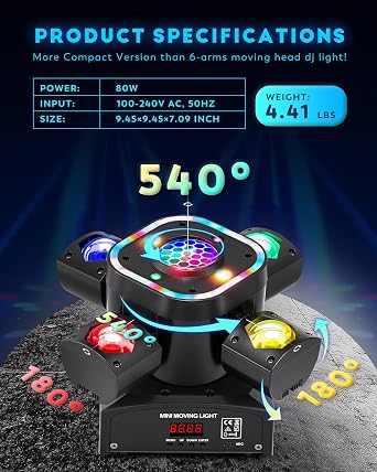 80W Moving Head Light, 4-Arm RGBW DJ Stage Light