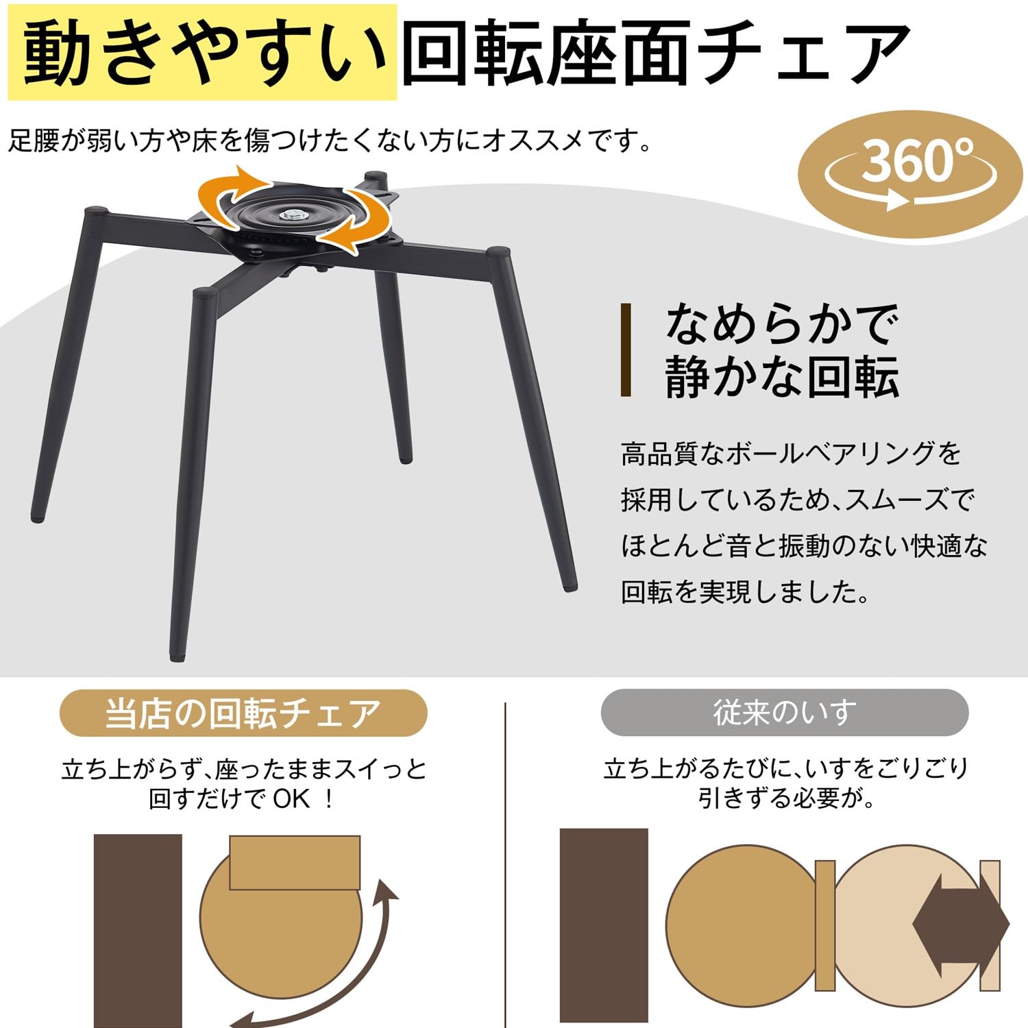 Amazon｜ダイニングチェア 2脚セット 幅44cm 360度回転 肘付き PU