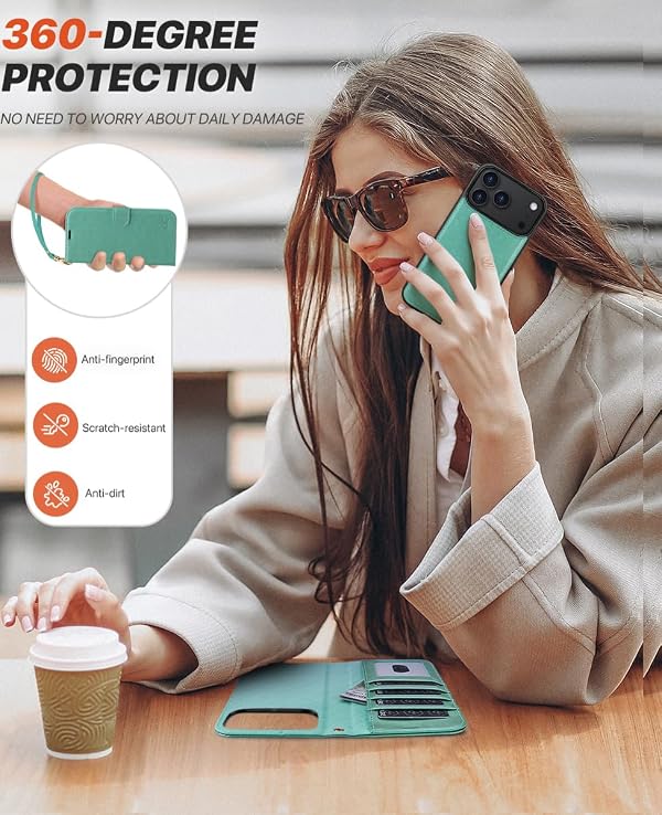 OCASE for iPhone 17 Pro Max Detachable Wallet Case with Card Holder, 2 in 1 PU Leather Flip Folio with RFID Blocking Stand Wrist Strap Shockproof Phone Cover 6.9 Inch 2025, Green by OCASE - Used condition - Image 7