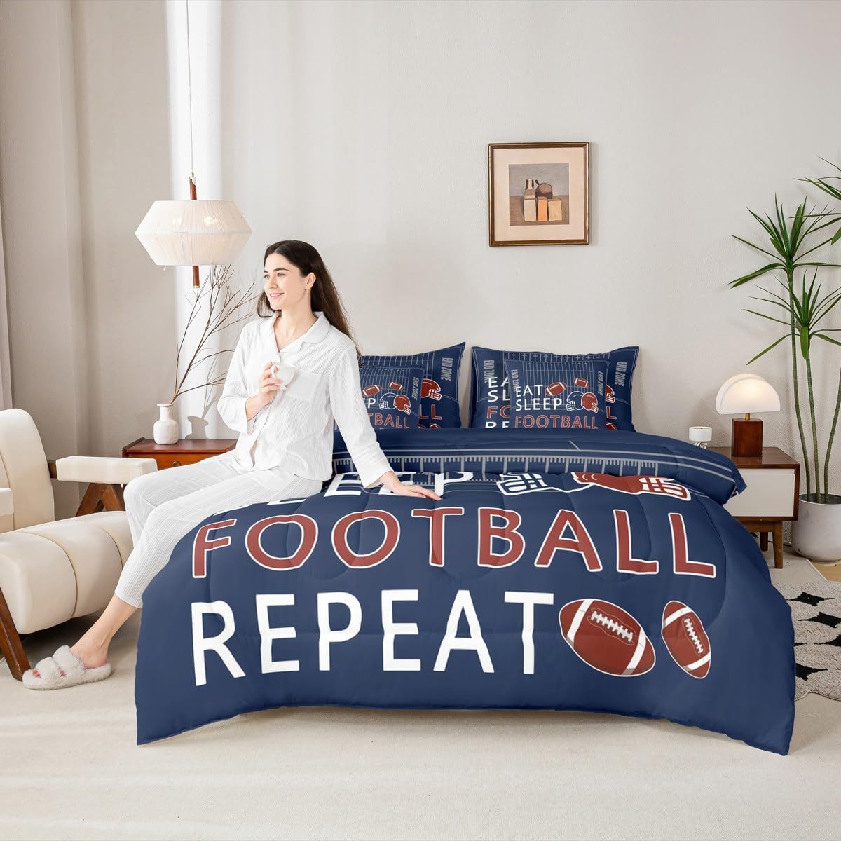 Castle Fairy Rugby Comforter Set 7 Pcs King Size,Football Field Comforter Blanket,Ball Sports Games Navy Blue Bedding Sets with Comforter,Flat Sheet,Fitted Sheet,Pillowcases and Pillow Covers