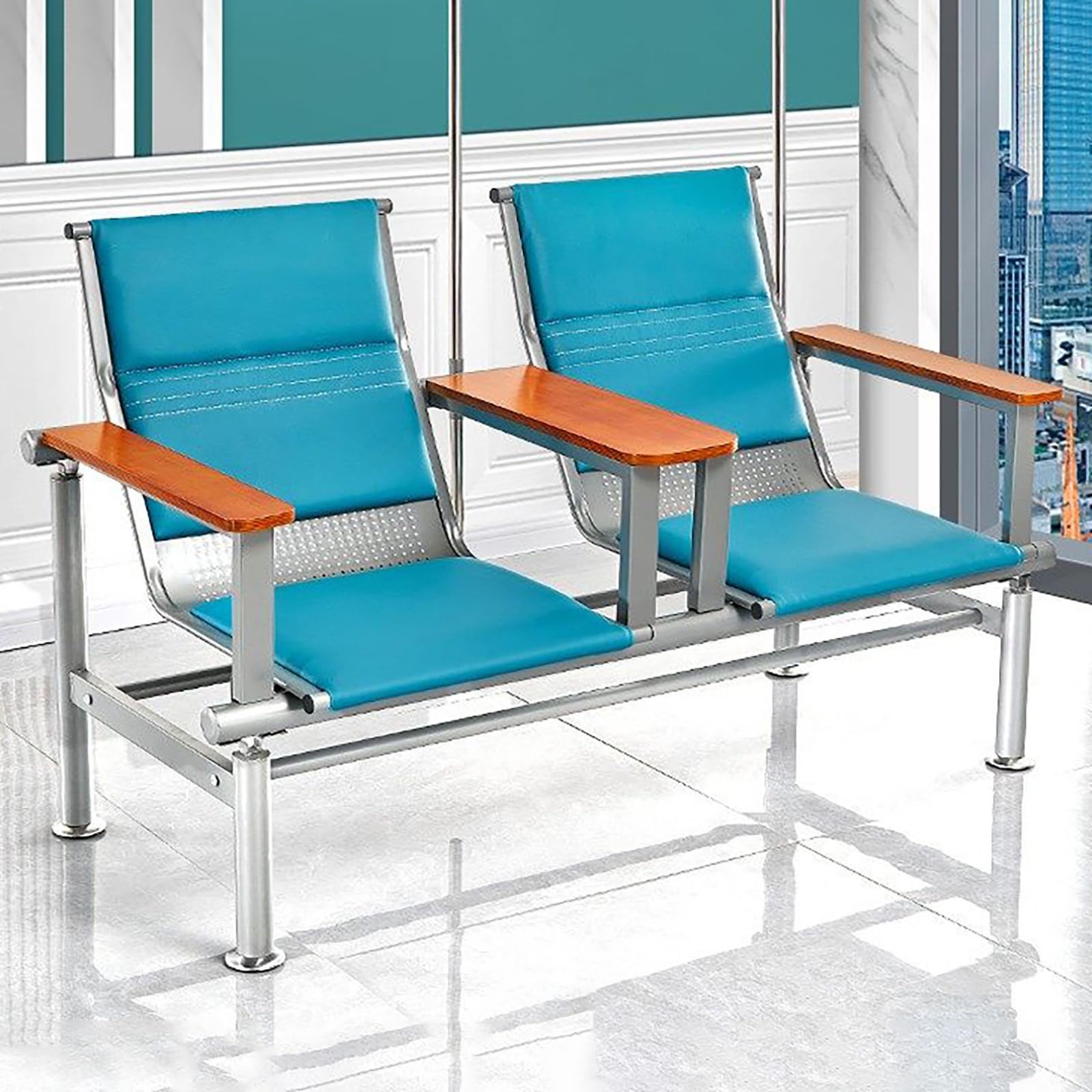 Waiting Room Chairs,Premium Phlebotomy Chair with Armrests, Comfortable Leather Infusion Chair, 2-Seat Waiting Room Bench with IV Pole, Ideal Reception Seating for Lobbi(A-blub1-wooden Armrest)