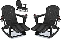 KINGYES 4-in-1 Adirondack Rocking Chair Set of 2 with Ottoman & Cup Holders - HDPE Weatherproof Patio Rocker for Porch, Black