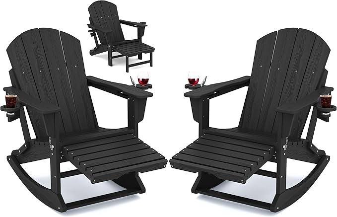 Rocking Chair Set of 2 with Retractable Ottoman and Cup Holders