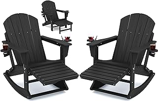 KINGYES Adirondack Rocking Chair Set of 2 with Retractable Ottoman and Cup Holders, HDPE Adirondack Rocker Patio Rocking Chair for Porch, Patio, Balcony, Black