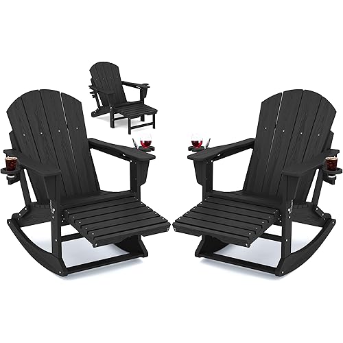 KINGYES Folding Adirondack Rocking Chair Set of 2 with Retractable Ottoman and Cup Holders, 4-in-1 Multifunctional HDPE Adirondack Chair for Porch, Patio, Balcony, Black