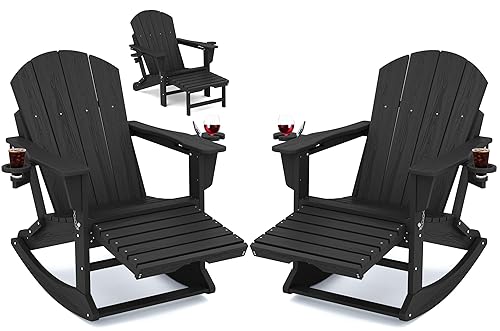 KINGYES Adirondack Rocking Chair Set of 2 with Retractable Ottoman and Cup Holde