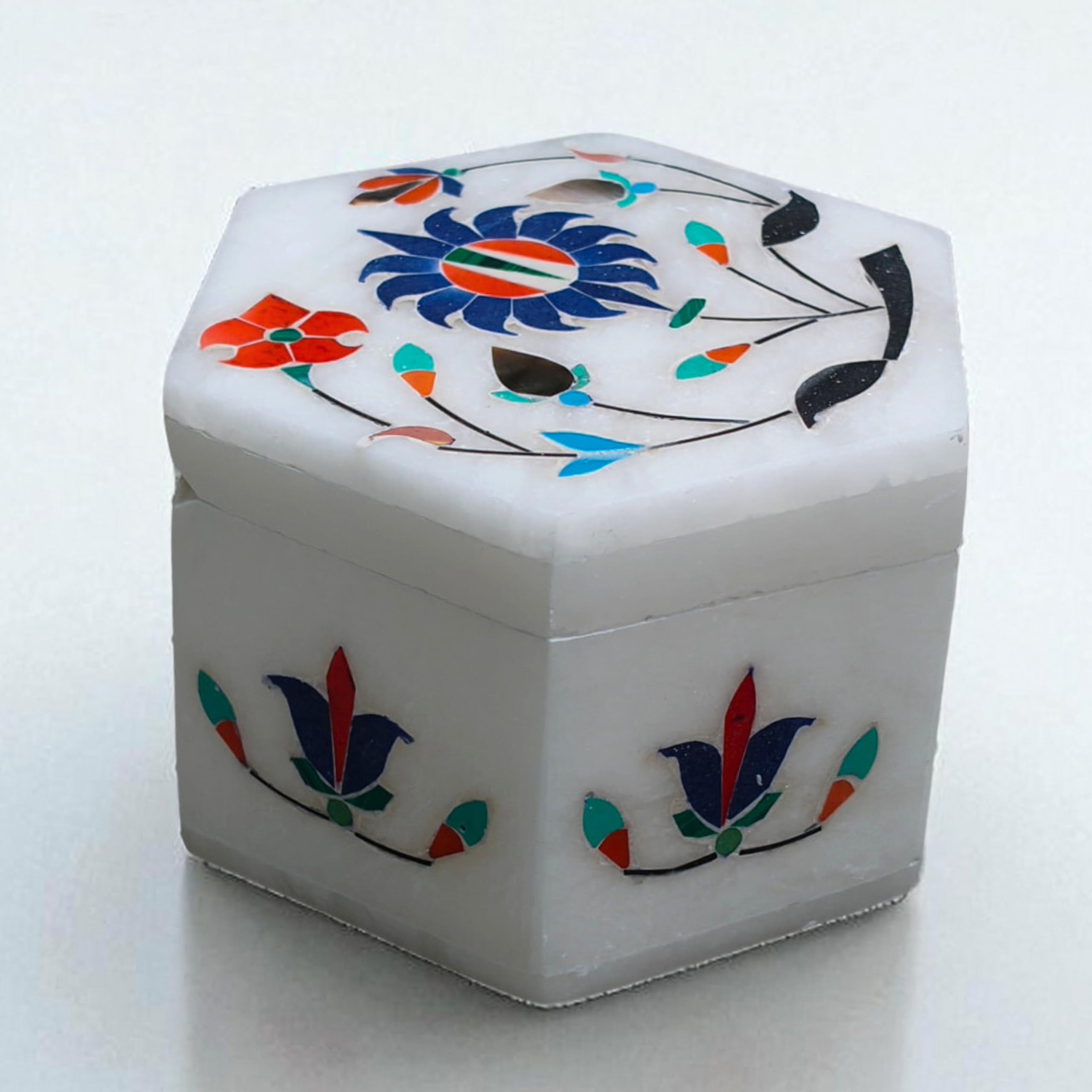 Agra Craft Sechseckige Schmuckschatulle aus weißem Marmor mit Blumeneinlage, handgefertigter Pietra Dura Steinkunst-Schmuckhalter, dekorativer Andenken-Organizer für Heimdekoration, Geschenke oder