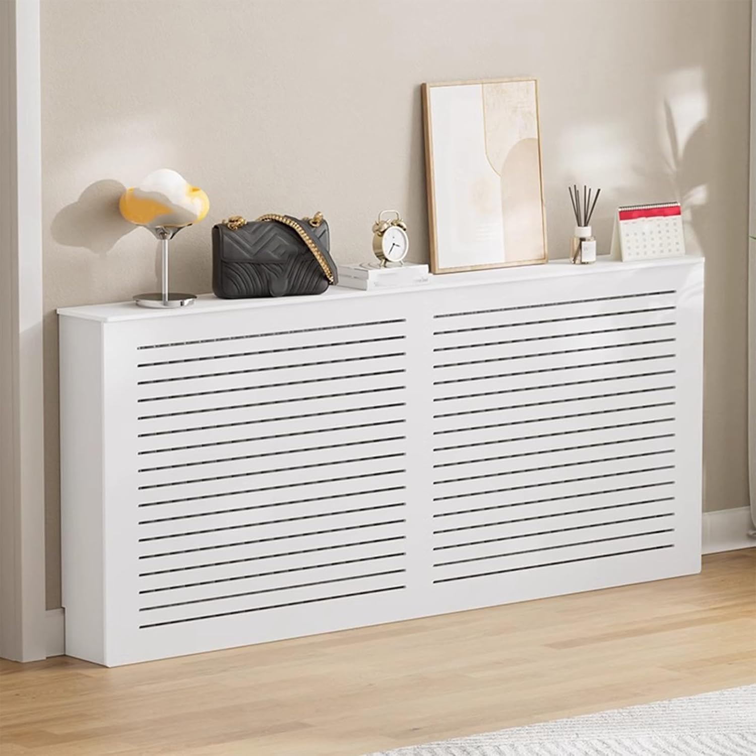 White Heating Cabinet Shelf, Radiator Cover Cabinet Shelf, Shielding Storage Design, Modern Radiator Shelf Top for Home, Living Room, 43 Inch to 55 Inch(140x90x15cm/55x35.5x6in)