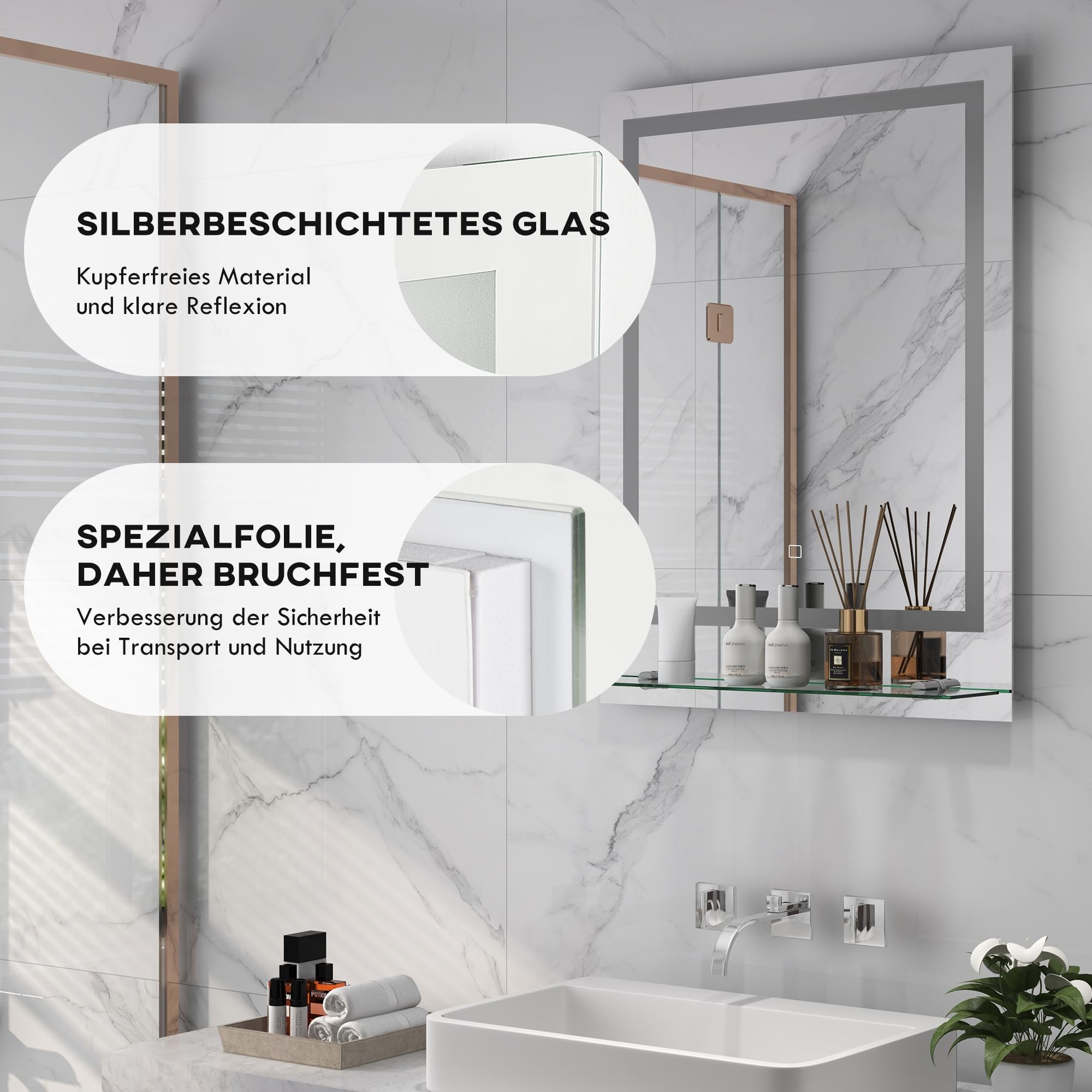kleankin Badspiegel mit Beleuchtung Rechteckig 70 x 50 cm Transparent