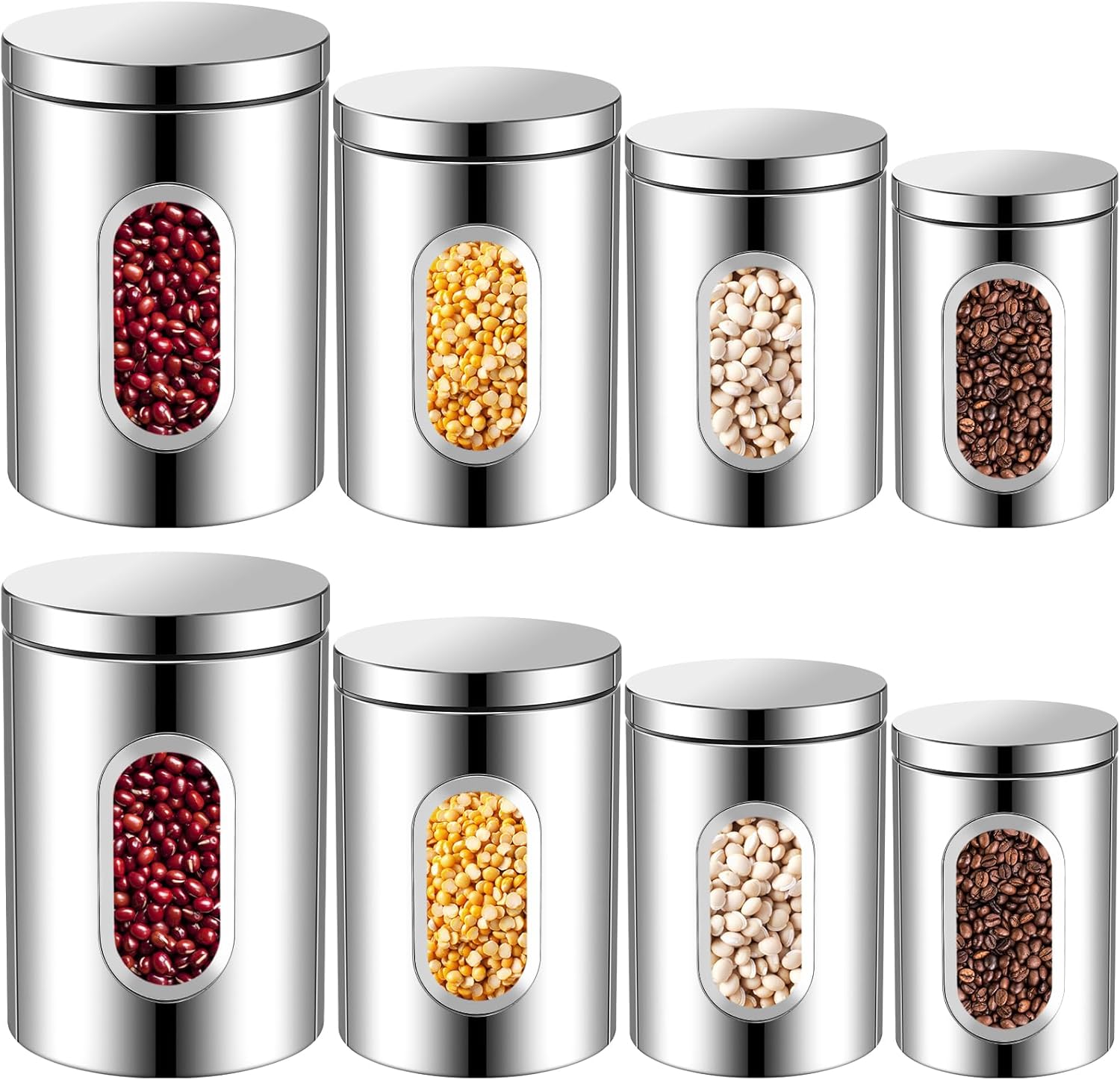 8 Pieces Stainless Steel Canister Set, Kitchen Canisters Storage Jars with Visible Window Food Canister Containers with Airtight Lid for Kitchen Counter Sugar Tea Coffee Flour Spice Cookie Candy