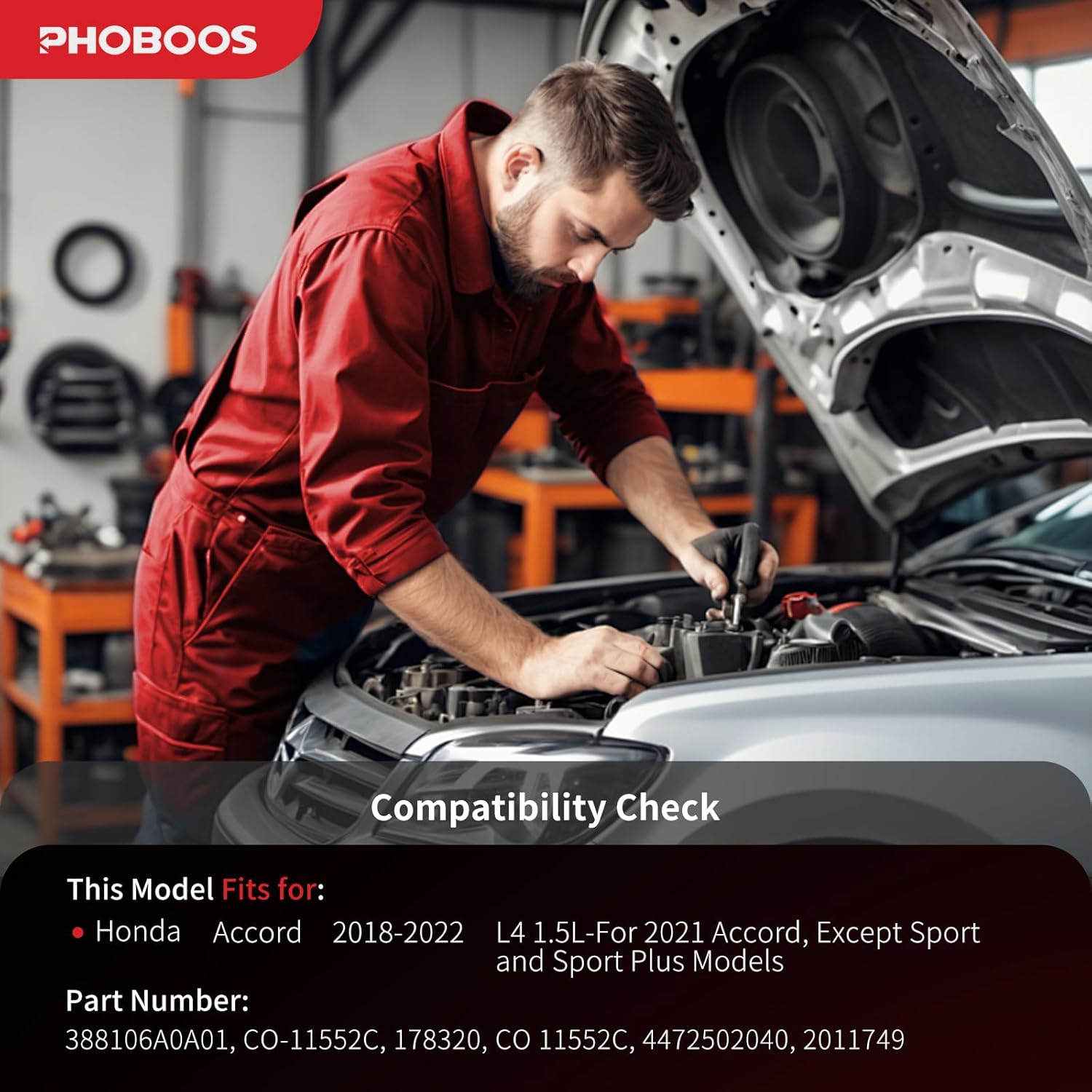 PHOBOOS A/C Compressor with Clutch Compatible with Honda Accord 2018-2022 1.5L (Exc. 2021 Sport&Sport Plus Models), with 110mm Pulley, Fast Cooling, Low Noise, Easy Installation, Ref.178320