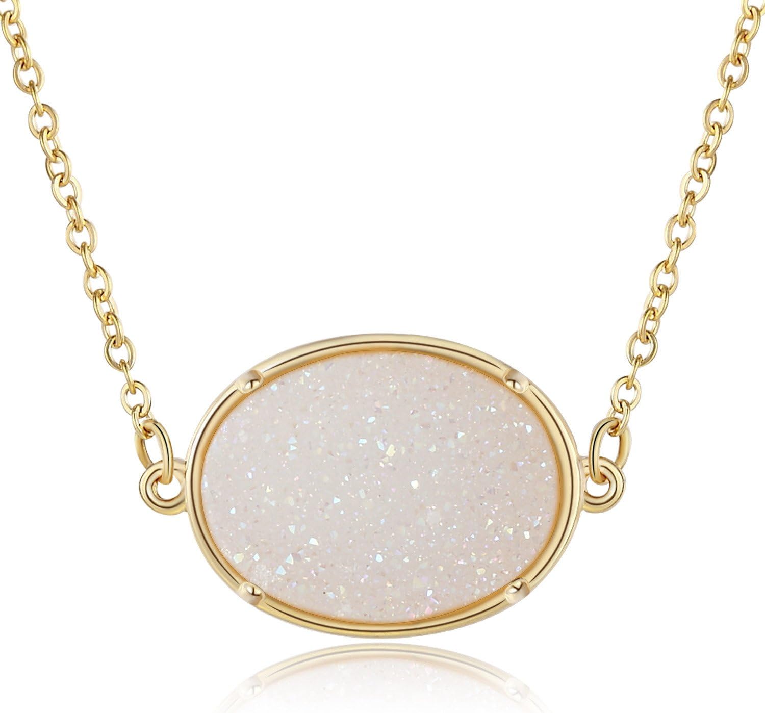 Ellena Rose Druzy Necklace Pendant, 14k Gold Plated Oval Druzy Necklace For Women, 100% Natural Drusy Statement Necklace, Choice of Colors, 18" Chain (White)