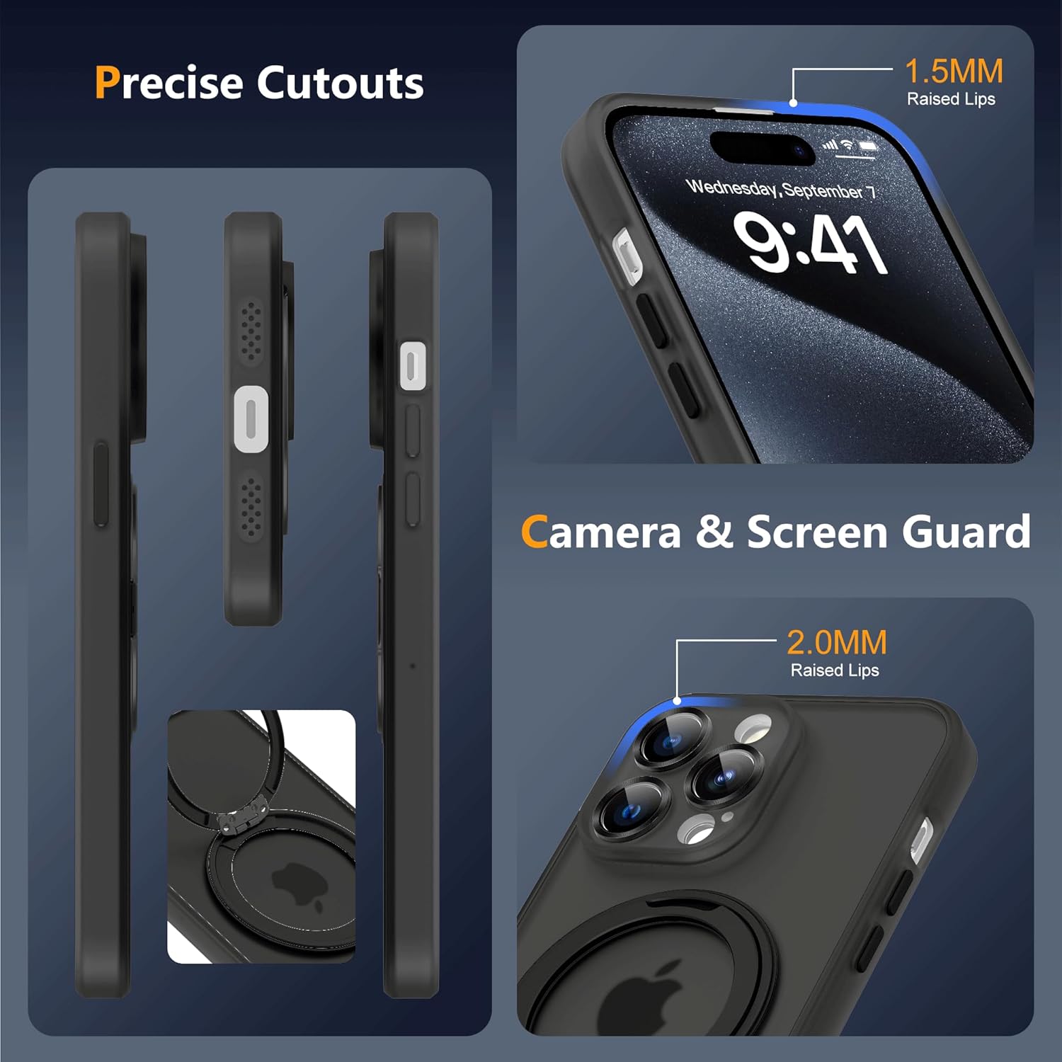 Compatible with iPhone 15 Pro Case 6.1"[Full Camera Lens Protection][Compatible with Mag-Safe][360°Rotatable Magnetic Ring Stand] Translucent Protective Case for iPhone 15 Pro,Black