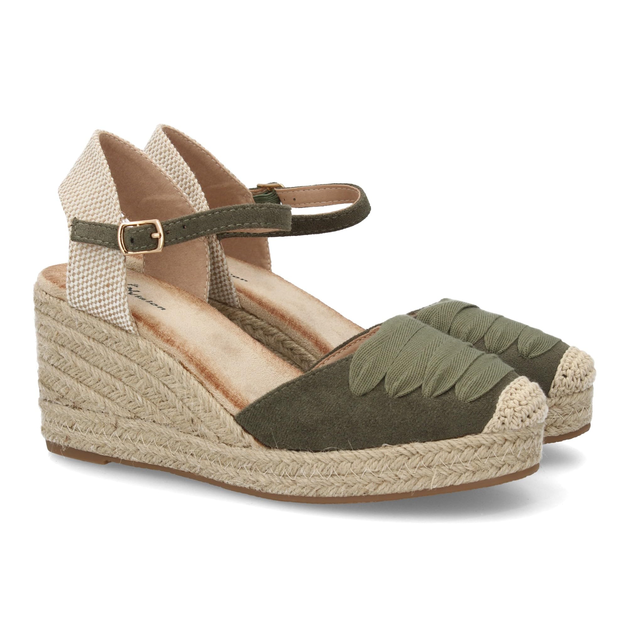 shoes&blues.es Alpargata de Mujer con Cuna Forrada de Yute, Comoda y Ligera. Diseno Cerrado en la Parte Delantera con Adorno de Cintas a Tono. Cierre de Hebillas Ajustable, Ideal Verano.