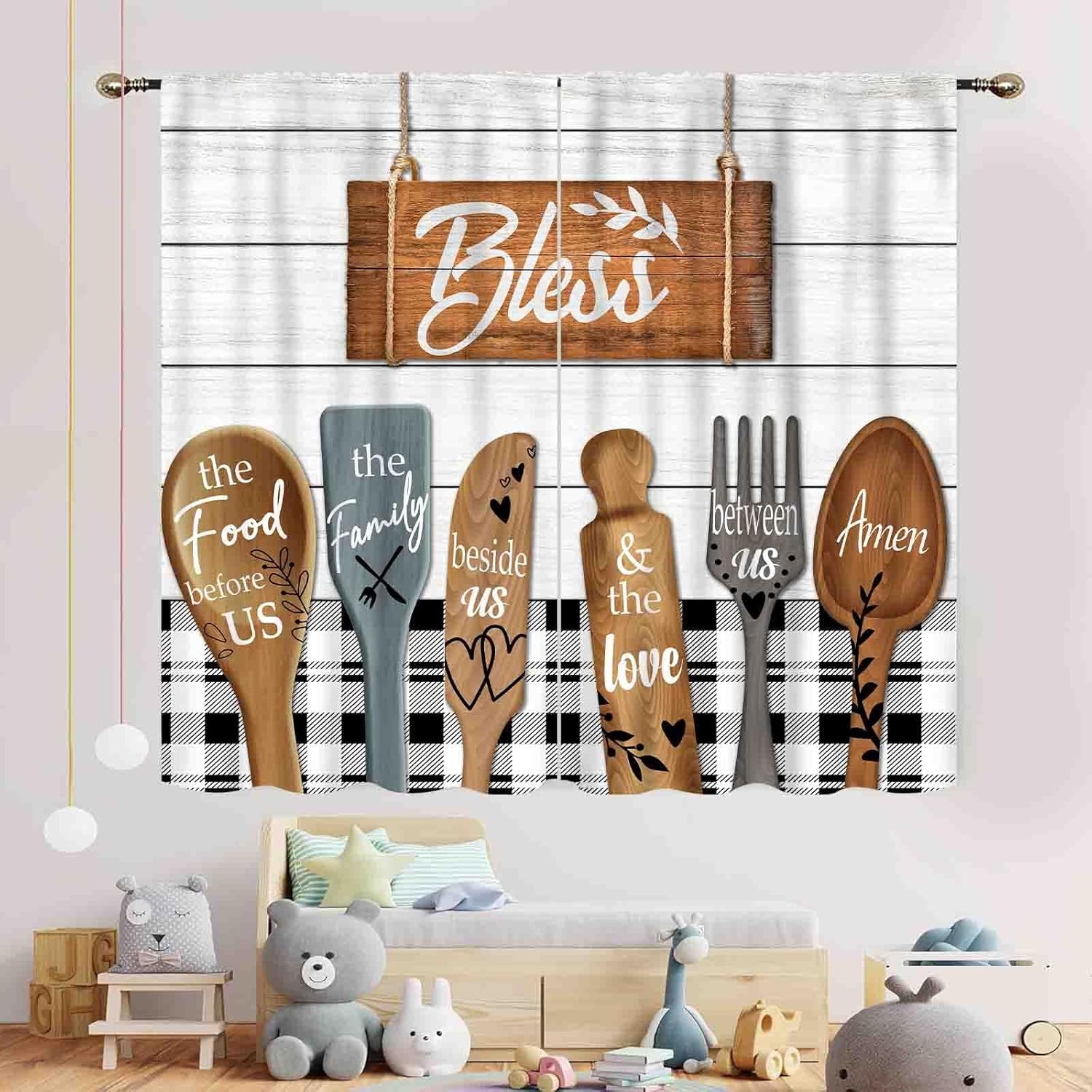 Farmhouse Kitchen Curtainsm, Rustic Fork and Spoon Woodern Plank Board Cook Theme Country Cottage Cafe Living Room Bedroom Window Curtains Drapes Treatments 2 Panels, 42"x63" Inch