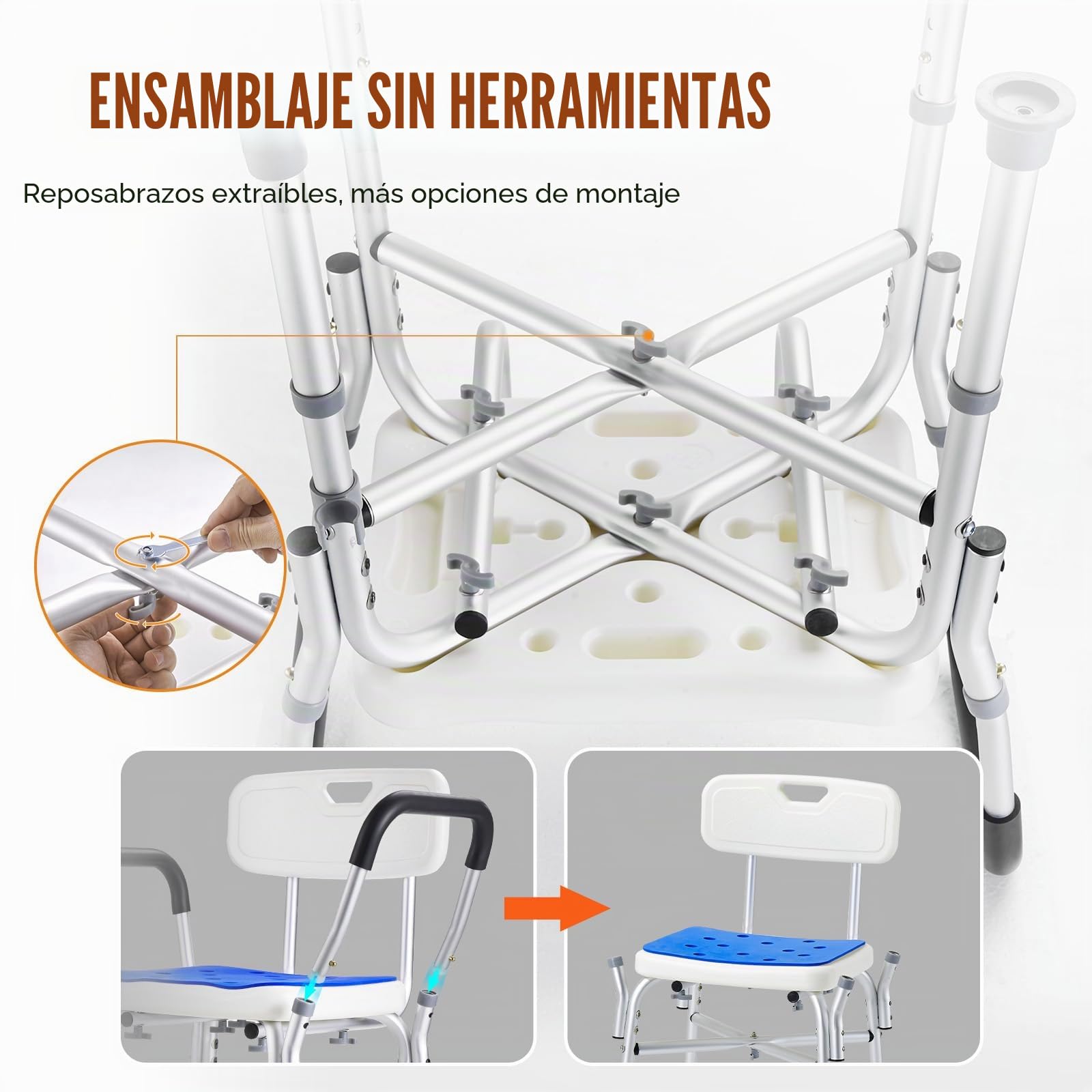 VEVOR Silla de Ducha Antideslizante Asiento de Ducha Carga de 181,4 kg con Barra Transversal Silla de Baño Altura Ajustable para Bañera de Ducha Interior para Ancianos, Mujeres Embarazadas, Azul