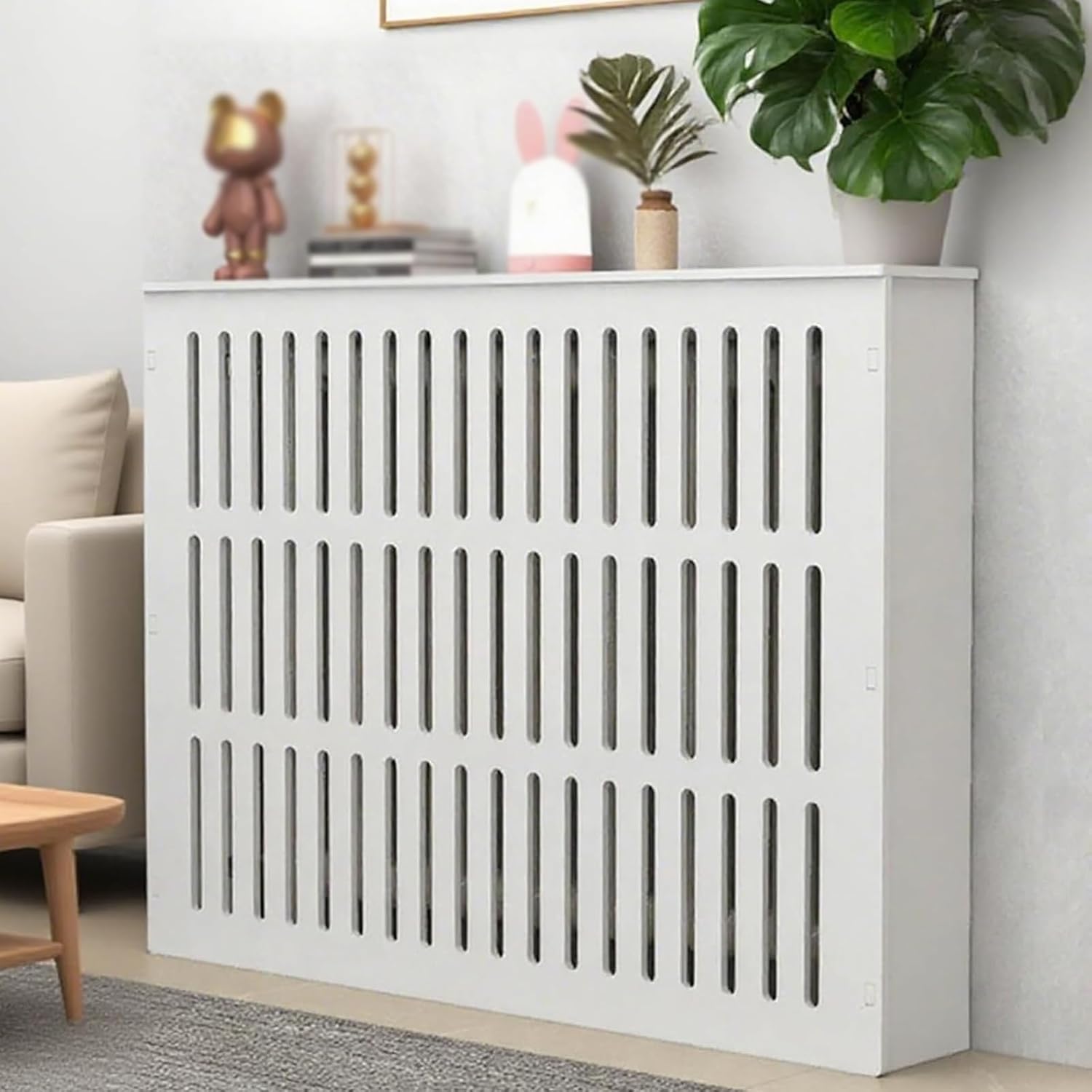 White Radiator Cover Cabinet,Modern Louvered Gril Heating Heater Covers,Household PVC Radiator Cover Shelf for Living Room Bathroom Decor,Easy Assembly(35.4" Lx27.5 Hx9.8 D, White)