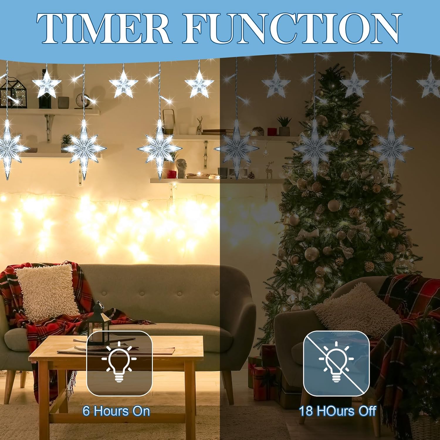 Christmas Star Icicle Lights 17.22ft 231 LED Waterproof Star String Light with 22 Drop 8 Modes Connectable Plug Hanging Decor for Home Eaves Indoor Outdoor Xmas Party Holiday(White)