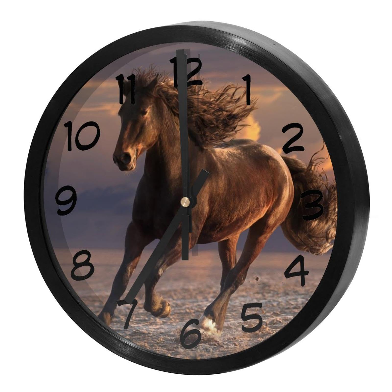 Horloge murale silencieuse cheval au coucher du soleil à quartz pour salon et cuisine