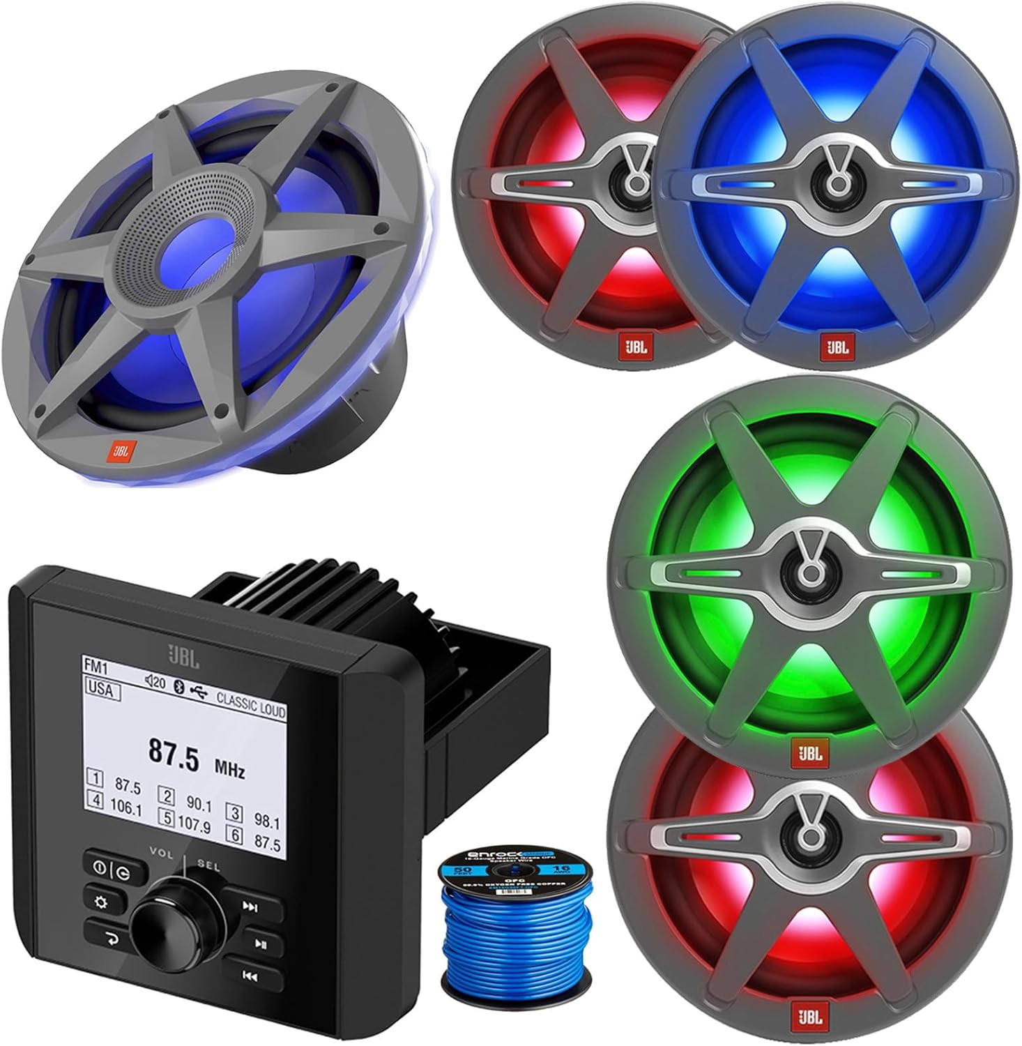 JBL Marine Gauge Hole Mount Bluetooth AM/FM Radio Receiver, 10" LED Subwoofer, 2X 8 450 Watt 2-Way Boat Audio Gray Speakers, 2X 6.5 225 Watt Max 2-Way Gray Speakers w/Wire