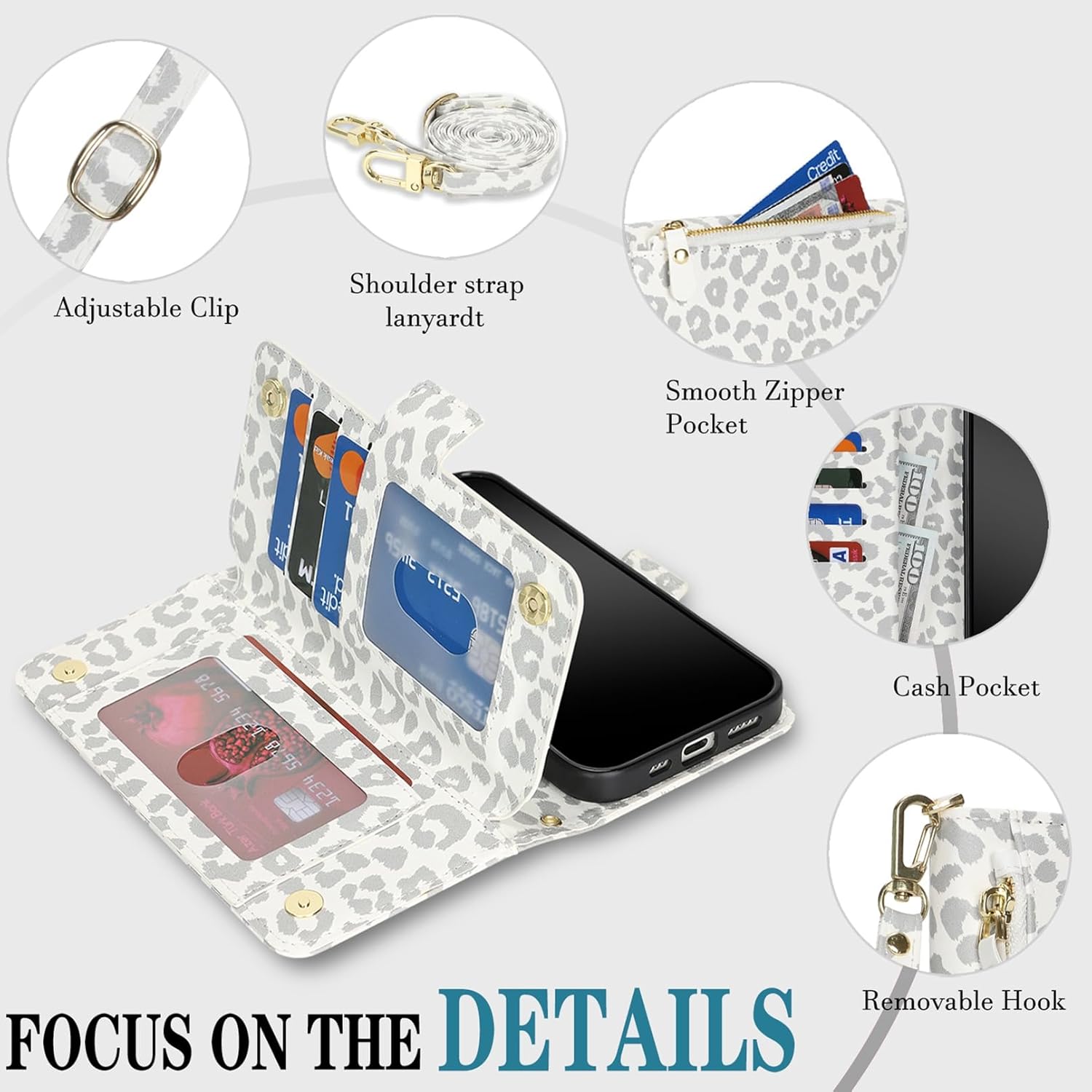 Jaorty for iPhone 13/14 Phone Case Wallet with Crossbody Strap, Shoulder Necklace Lanyard,flip Cover PU Leather, for Women Men, Zipper Pocket, Kickstand, Card Holder, 6.1" White Leopard - Image 5